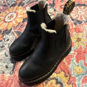 Dr. Martens Black Leather Boots with Fur Trim platform